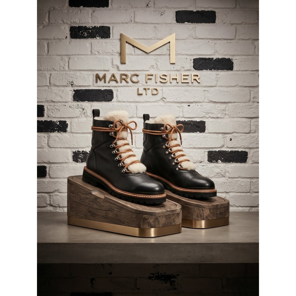 Marc Fisher LTD Izzie Black Leather Shearling Trim Combat Boots Lug Sole
